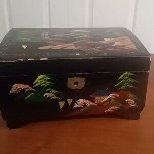 Vintage Hand Painted Japanese Musical Jewelry Box - Black Lacquer
